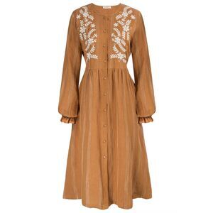 Frieeah Linen Striped Printed Button-up A-Line Dress M